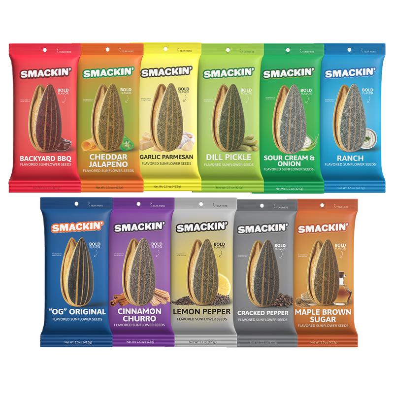 SMACKIN' Sunflower Seed Bucket, 54 Total 1.5 Ounce Single Serve Bags, 11 Flavor Variety Bucket