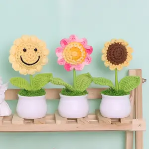Sunflower Design Crochet Flower Potted Plant, 3 Counts/set Cute, Home Decor Supplies for Living Room Bedroom Office, Decoration Items Indoor Flower