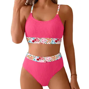 Aleumdr Women's Ribbed Textured High Waisted Bikini Set Floral Trim Two Piece Swimsuit with Adjustable Straps Stretchy Jacquard Fabric Tummy Control Swimwear for Beach Pool and Vacation