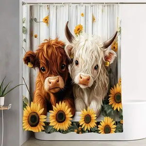 1/4pcs Rustic Farmhouse Highland Cows & Sunflowers Bathroom Set, Shower Curtain Sets, Bath Mat, Toilet Lid Cover, Floor Rug - Farm Animal & Sunflower Themed, Perfect for Easter, Spring, Countryside Home Decor, Bathroom Decoration Accessories