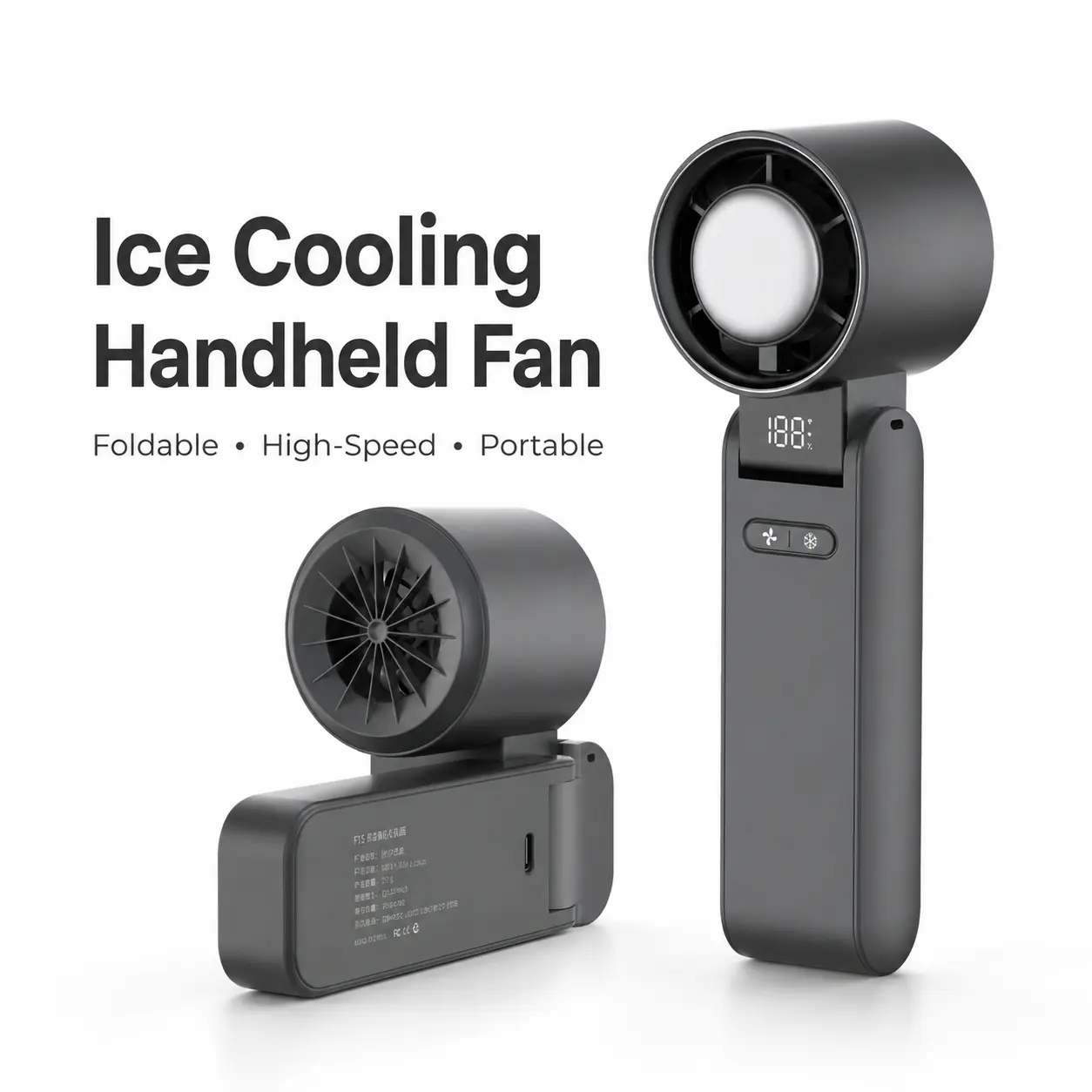 Portable Handheld Fan with Ice Cooling Plate, 4000mAh Rechargeable Turbo Fan, Foldable Personal Fan with Digital Display for Travel, Hot Flashes, Makeup, Outdoor and Office, Black