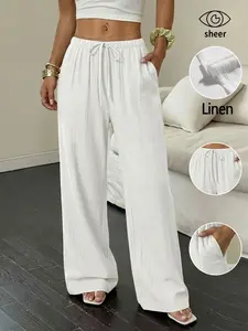 Women's Linen Breathable Palazzo Pants Classical Summer Flowy Wide Leg Beach Trousers With Pocket Casual Trendy Versatile Solid Color Soft Elastic High Waist Lounge Pants Travel Vacation Bottoms Date Brunch Home Work Streetwear Outfit