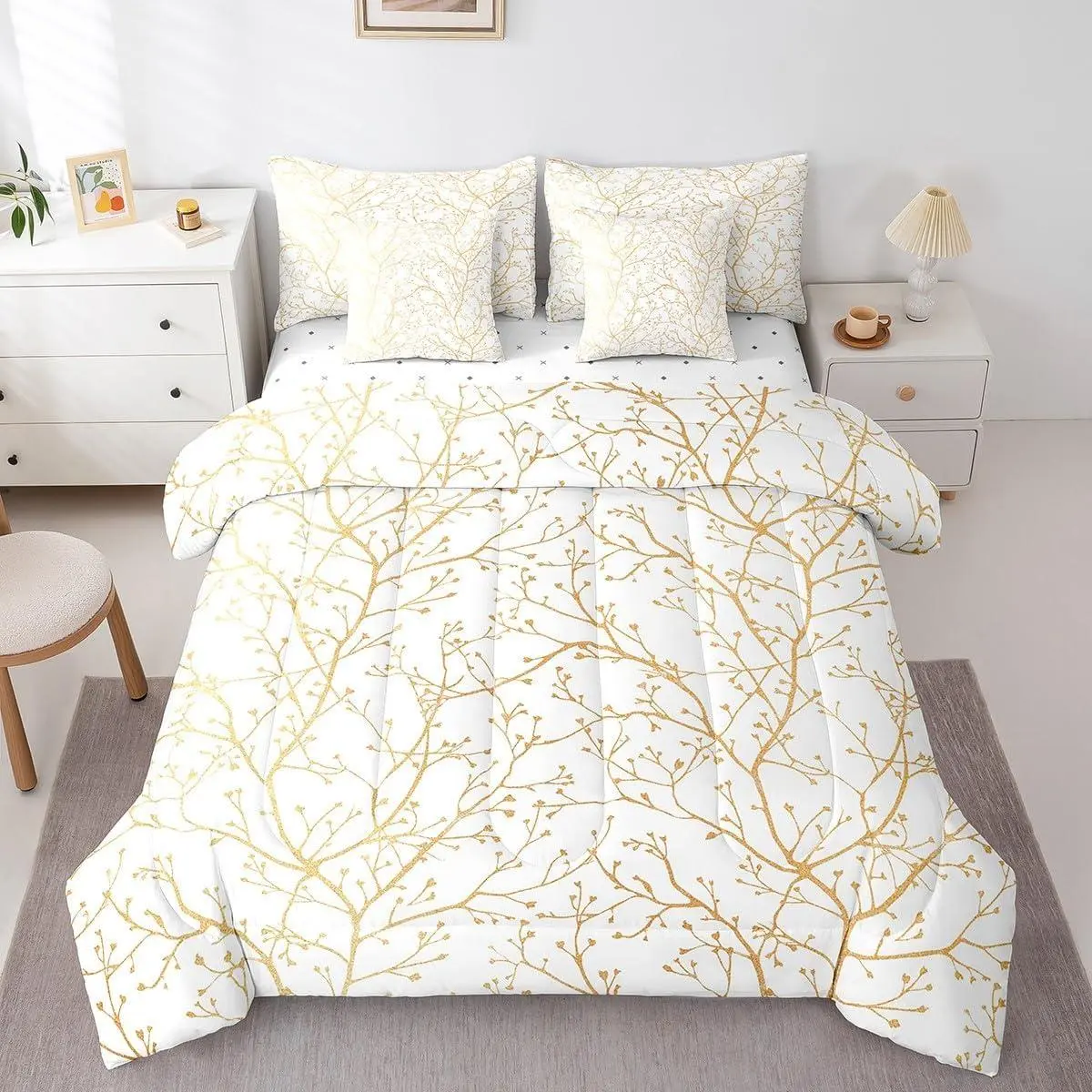 Metallic Branch 7 Piece Bedding Set White Gold Tree Branches for Adult Boys Girls Bed in a Bag Flowers Print Comforter Set with Sheets Glitter Gold Foil Bed Set