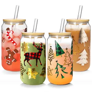 ANOTION Christmas-Themed Glass Cup Set - 18oz with Bamboo Lids,  Adorable Reindeer, Gingerbread Man, and More Designs | Perfect Holiday Gift