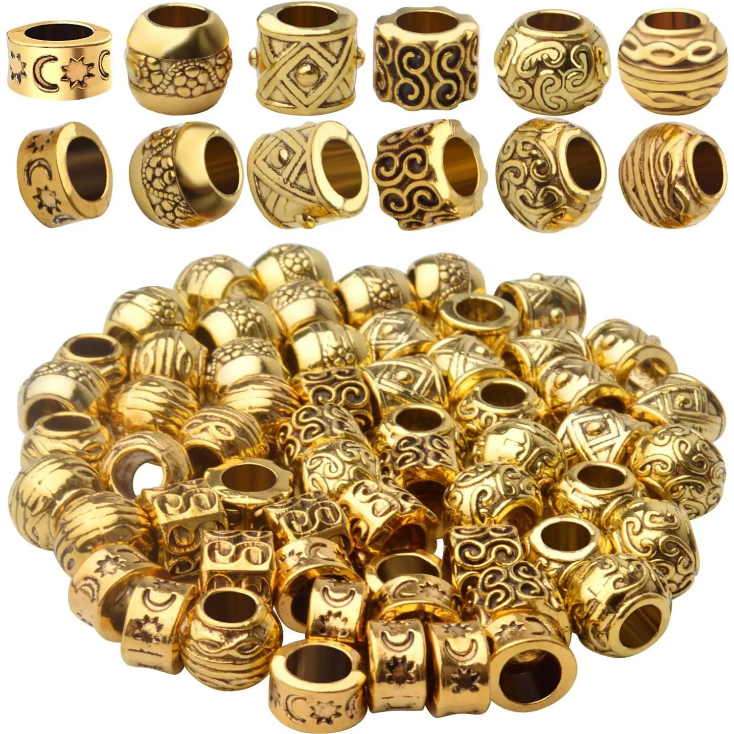 60pcs Antique Gold Spacers Beads Tibetan Large Hole Spacers Round Tube Beads European Rondelle Spacers for Necklace Bracelet DIY Jewelry Crafts Making
