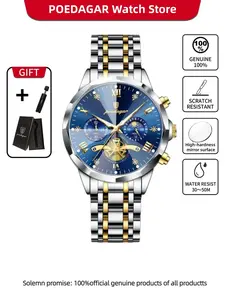 POEDAGAR Fashion Casual Men's Watch Waterproof Night Light Chronograph Men's Watch Stainless Steel Quartz Men's Watch Exquisite Watch Ideal Gift for Him