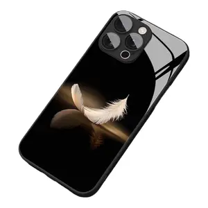 Luxury Minimalist White Feather Golden Reflection Pattern Phone Case with Lens Protection, for iPhone 17 16 15 14 13 12 11 pro max, Full Coverage Anti-Fall Protective Case, Phone Accessory