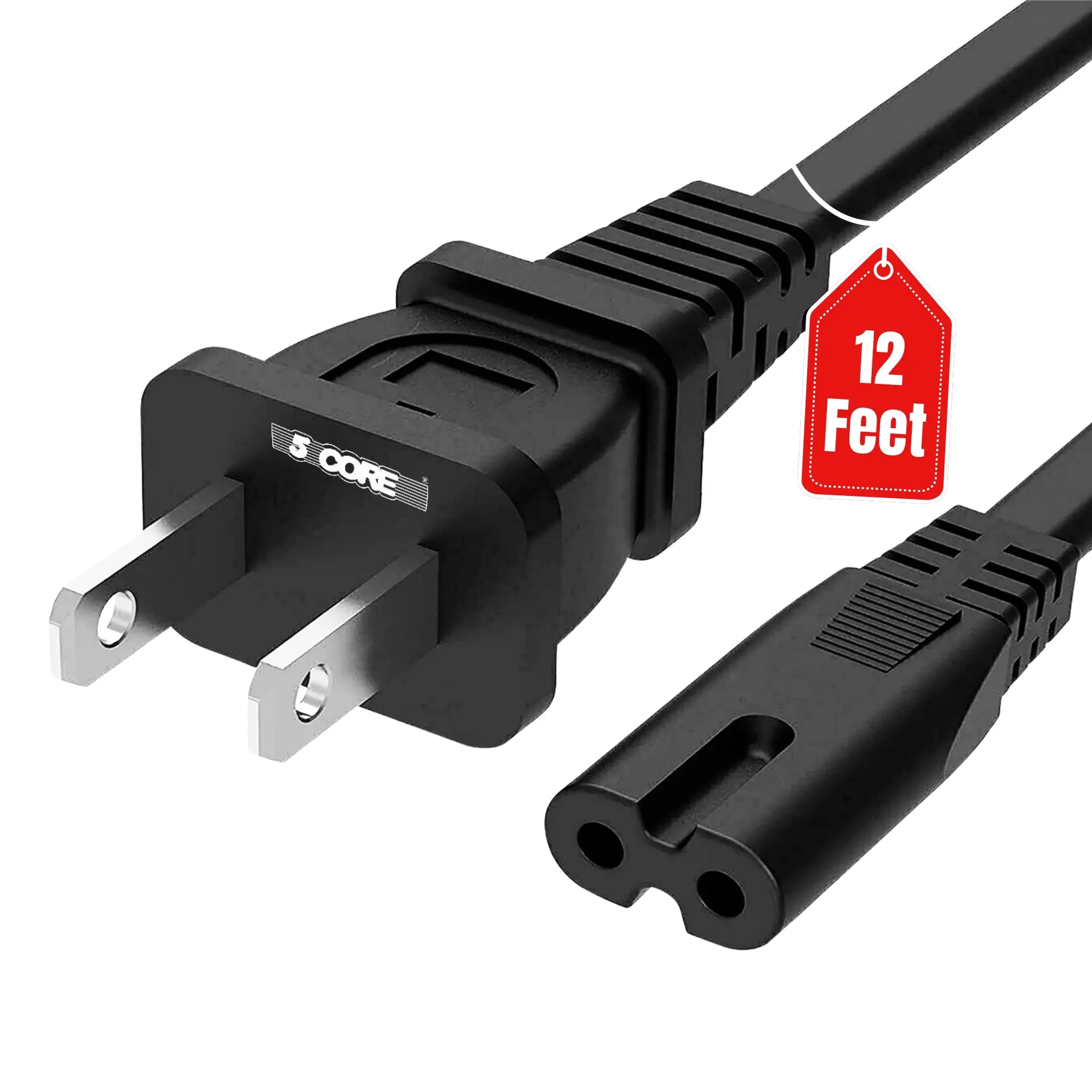 5 Core 2 Prong AC Power Cord 12Ft Replacement TV PlayStation PS4 PS5 Cable Speaker Monitor Xbox