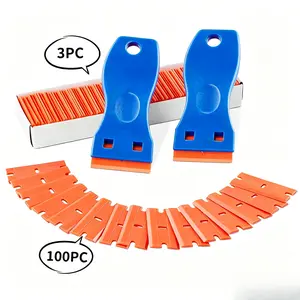 3PCS Plastic Razor Blade Scraper Tool With 100PCS Replacement Blades No Scratch Adhesive Remover For Glass Car Window Sticker Decal Label Paint Caulk Cleaning