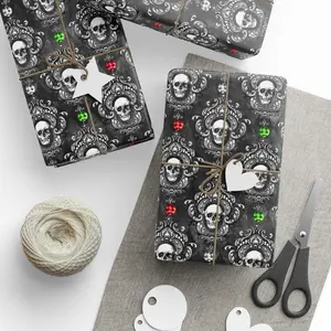 Gothic Christmas Skull Wrapping Paper - Green and Red, Edge-to-Edge Print, Premium Gloss Paper