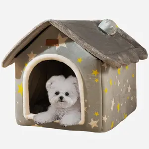 20.5 *16.9 * 19.7 inches Enclosed Pet House Bed with Gray Star Pattern Removable & Washable Cat Dog House Four Seasons Usable Pet Cave Creative House-Shape Pet Bed for Cats and Small Dogs (Suitable for weighing under 30.9 pounds)