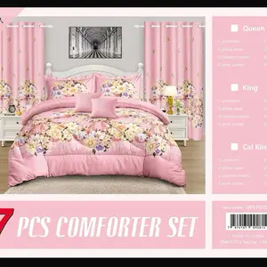 7 pcs Comforter Set with 2 Pillowcases 2 Cushion Covers 2 Print Curtains in Pink Floral Design for Queen King Cal King Sizes