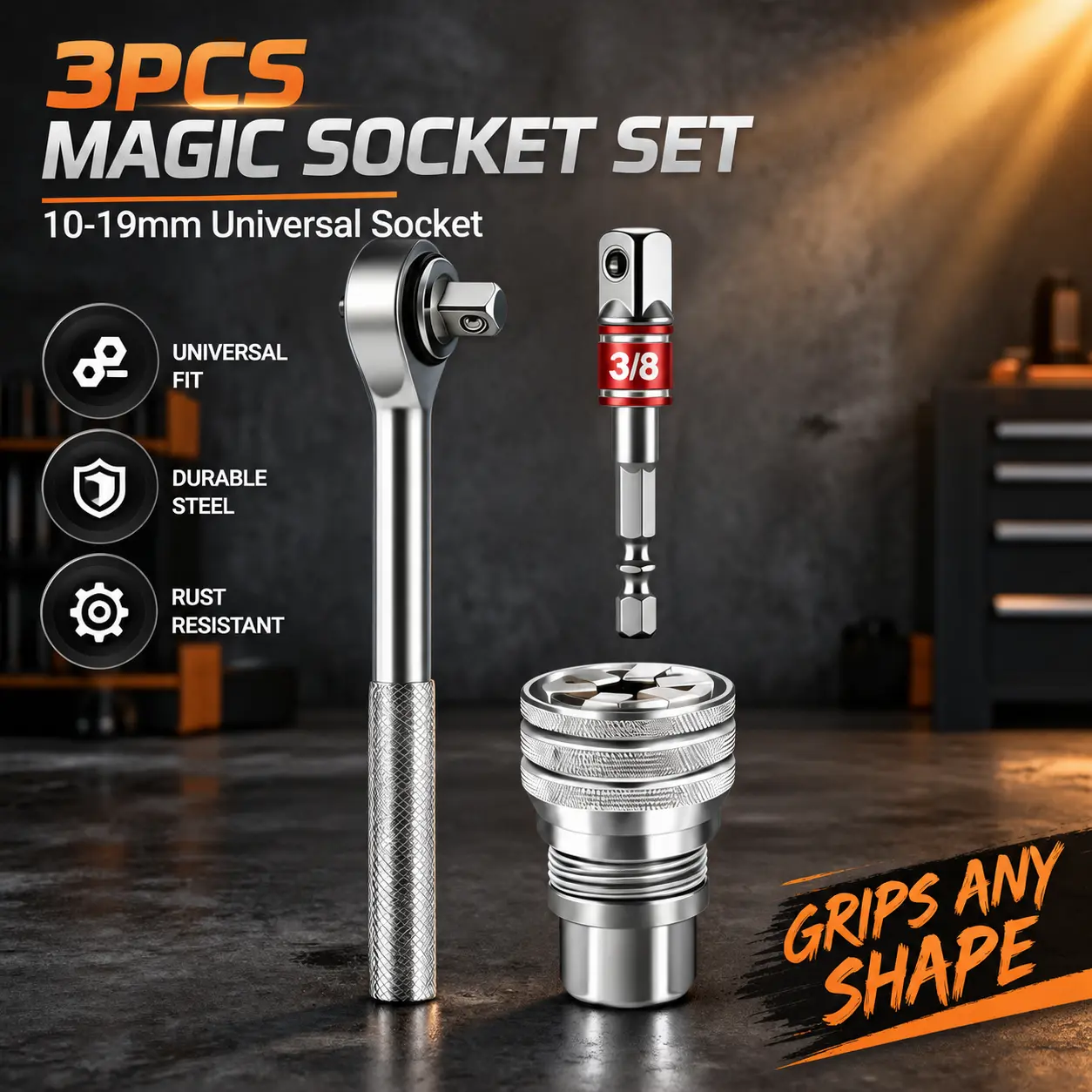 3PCS 10-19mm Universal Socket Wrench Set, Heavy Duty Adjustable Repair Tool for Damaged Nuts & Bolts, Compatible with Power Drill & Ratchet, Great for Auto, Motorcycle & Home Garage DIY multi-function