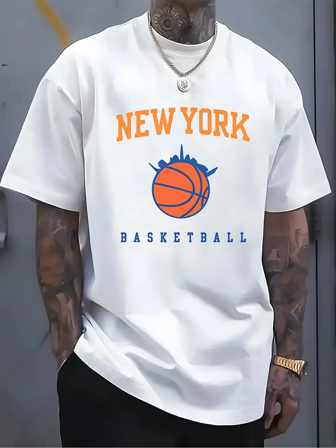 1pc Men's New York Basketball Graphic T-Shirt- 100%25 Cotton Breathable Lightweight Regular Fit Tee with Vibrant Orange Blue Skyline Print, Casual Short Sleeve for Sports Outdoor Summer Wear, Perfect Gift for Basketball Fans, Breathable Sports Shirt S