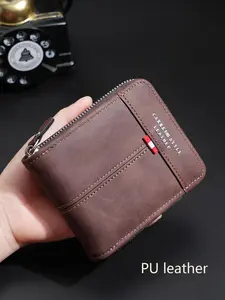 Men's Short Pu Leather Wallet Fashion Casual Multi-Card Holder Zipper Coin Purse, Youth Style Money Clip for All Seasons