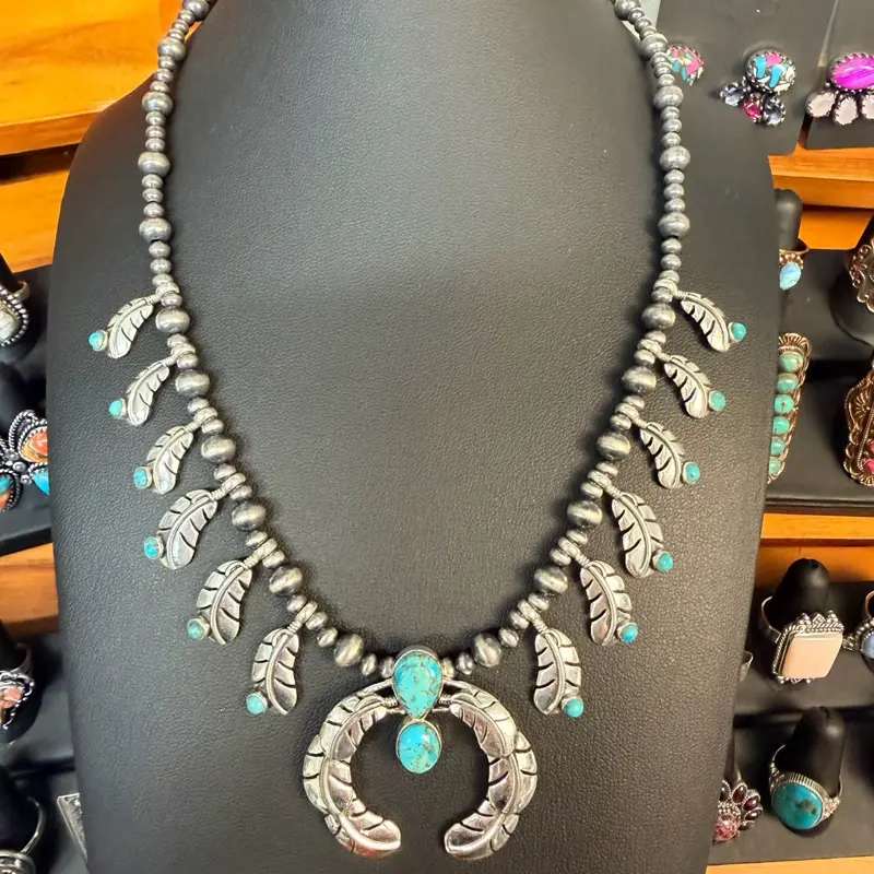 Mini Kingman Squash Blossom Necklace, 16-18in Length