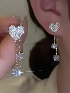 Romantic Heart Rhinestone Asymmetrical Stud Earrings, Perfect for Vacation, Dating & Wedding, Ideal Valentine's Day Gift