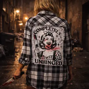 Broken Bandit “Completely Unhinged” Rhinestone Horror Flannel – Red Paint Splatter Upcycled Unisex Medium