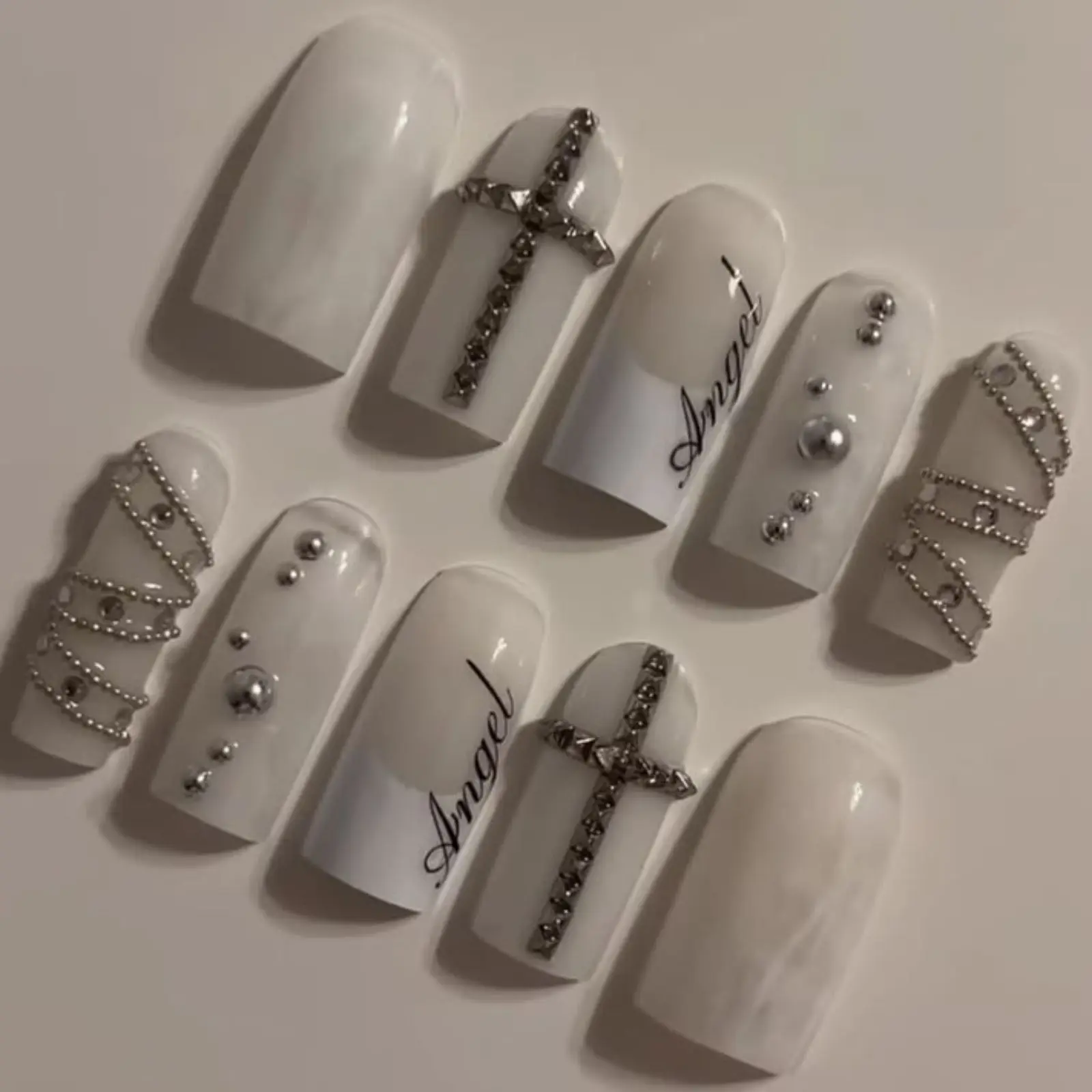 White Gothic Cross Press On Nails | Angel Aesthetic Handmade Nails | Minimalist Chrome Pearl Press Ons | Luxury White Nails