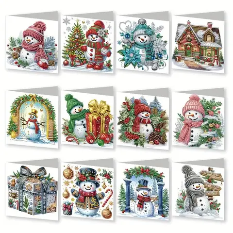 Snowman Pattern DIY Diamond Arts Colorful Painting Cards, 12pcs/set Holiday Handicraft Greeting Card, DIY Handcraft Gift for Friend & Family, Diamond Painting Kits