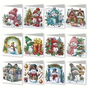 snowman pattern diy diamond arts colorful painting cards, 12pcs/set holiday greeting card, diy handcraft gift for friend & family