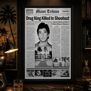 Scarface Tony Montana Graphic Newspaper Poster Print - High-Quality Solid Wood Framed Waterproof Canvas Wall Art, Collectible Gift for Movie Enthusiasts, Men's Room Decor, Room Accessories, Vintage Gangster Movie Poster for Office Man Cave Dorm Decor
