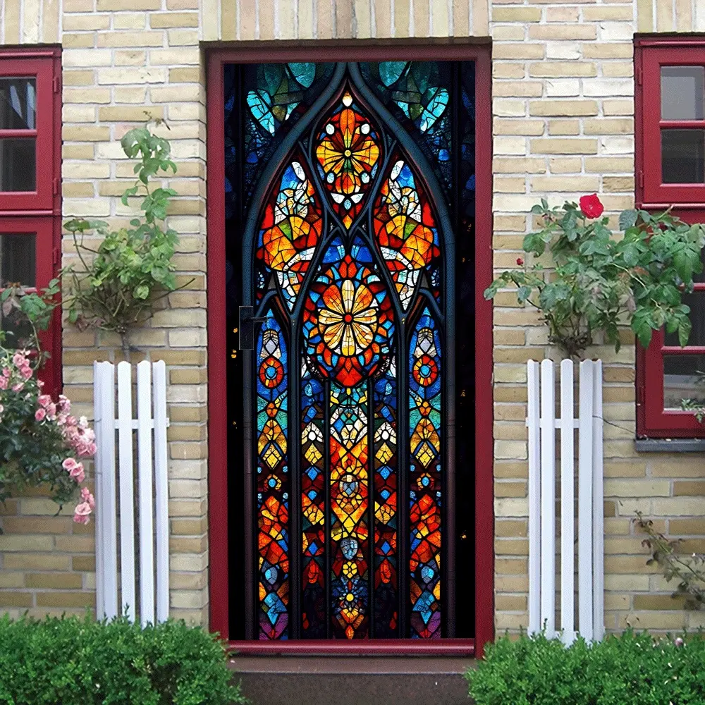 2pcs Vintage Church Stained Glass Window Stickers Colorful Art Decorative Floral Pattern Sticker Self Adhesive Removable Static Cling Film for Living Room Bedroom Kitchen Bathroom Window Glass Door Decoration Collage Self-Adh Home Decor