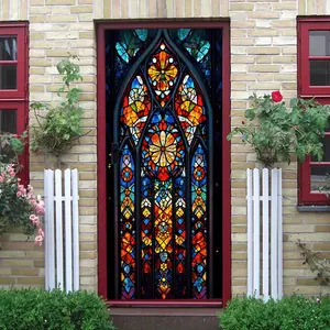 2pcs Vintage Church Stained Glass Window Stickers Colorful Art Decorative Self Adhesive Removable Static Cling Film for Living Room Bedroom Kitchen Bathroom Window Glass Door Decoration Collage Self-Adh