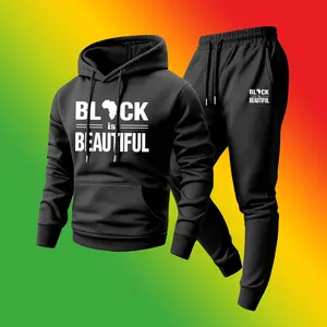 Men's 2-Piece Black History Month Print Hoodie & Drawstring Sweatpants Set - Casual Athletic Long Sleeve Hooded Tracksuit for Fall, Winter Daily, Indoor-Outdoor Wear (Menswear Athleisure Sportswear)