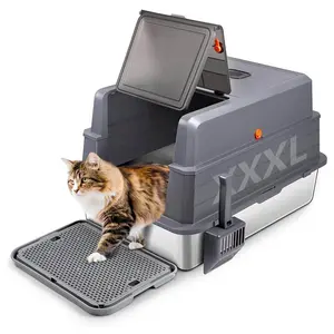 XXXL Stainless Steel Litter Box with Lid, Extra Large 28" L x 20" W x 17" H Enclosed Metal Cat Litter Box with Litter Scoop & Foot Pedal, Odor Control for Big Cats, Multiple Cats