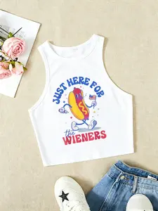 Women's Hot Dog & Letter Print Crew Neck Tank Top, Streetwear Vest, Casual Sleeveless Top for Summer, Ladies Clothes for Daily Wear