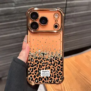 Gold Foil Leopard Print Pattern Phone Case ,Electroplated Cover with Airbag Shockproof Soft TPU Cover for iPhone X 11 12 13 14 15 16 17 Pro Max Plus Air, Cute Aesthetic Gradient Design