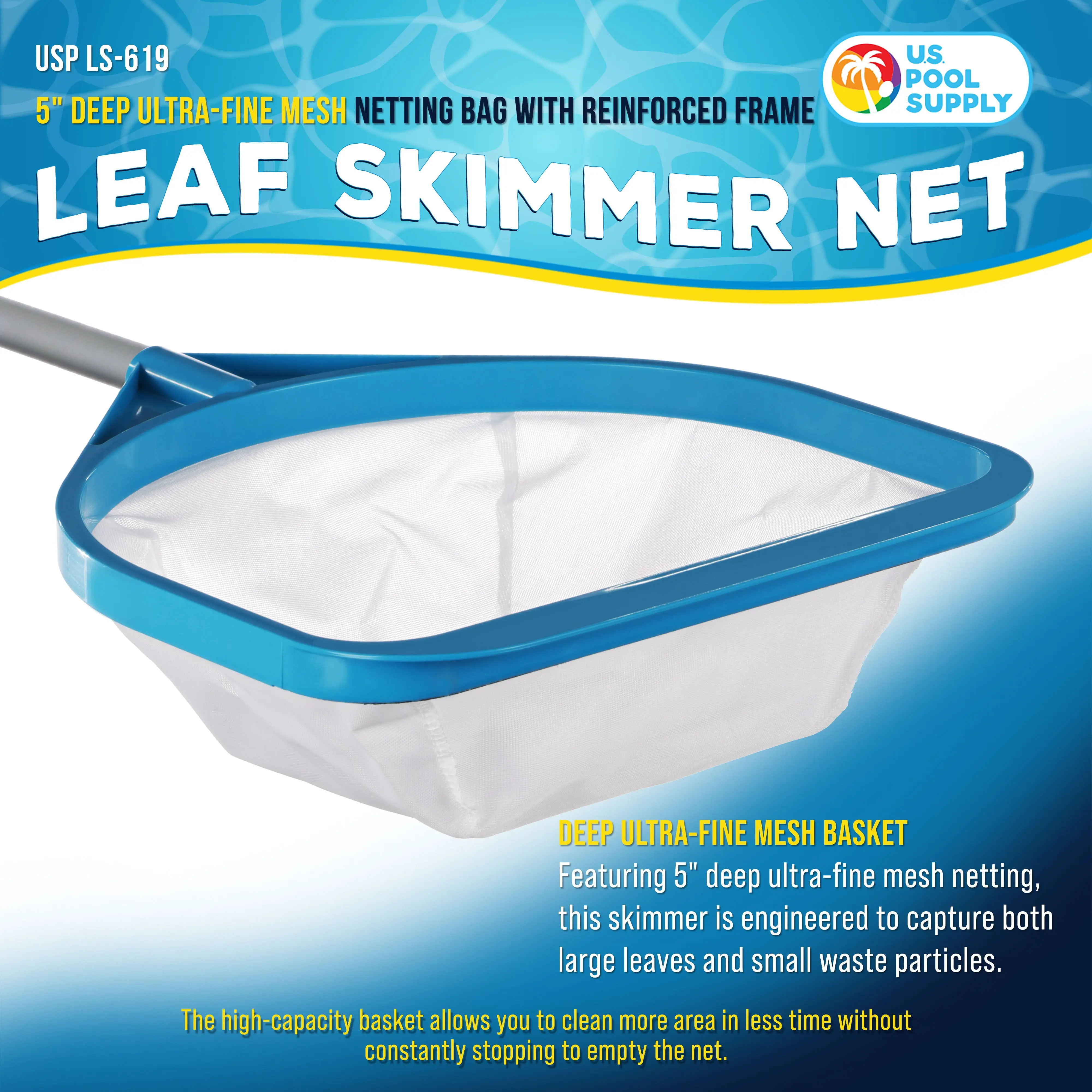Pool and Spa Skimmer Net with Pole, 30" Long Handheld Ultra-Fine Mesh Pool Skimmer Net - Hand Held Spa, Hot Tub, Pond Cleaning - 17" Pole Handle, Deep Leaf Netting, Scoop Skim Leaves