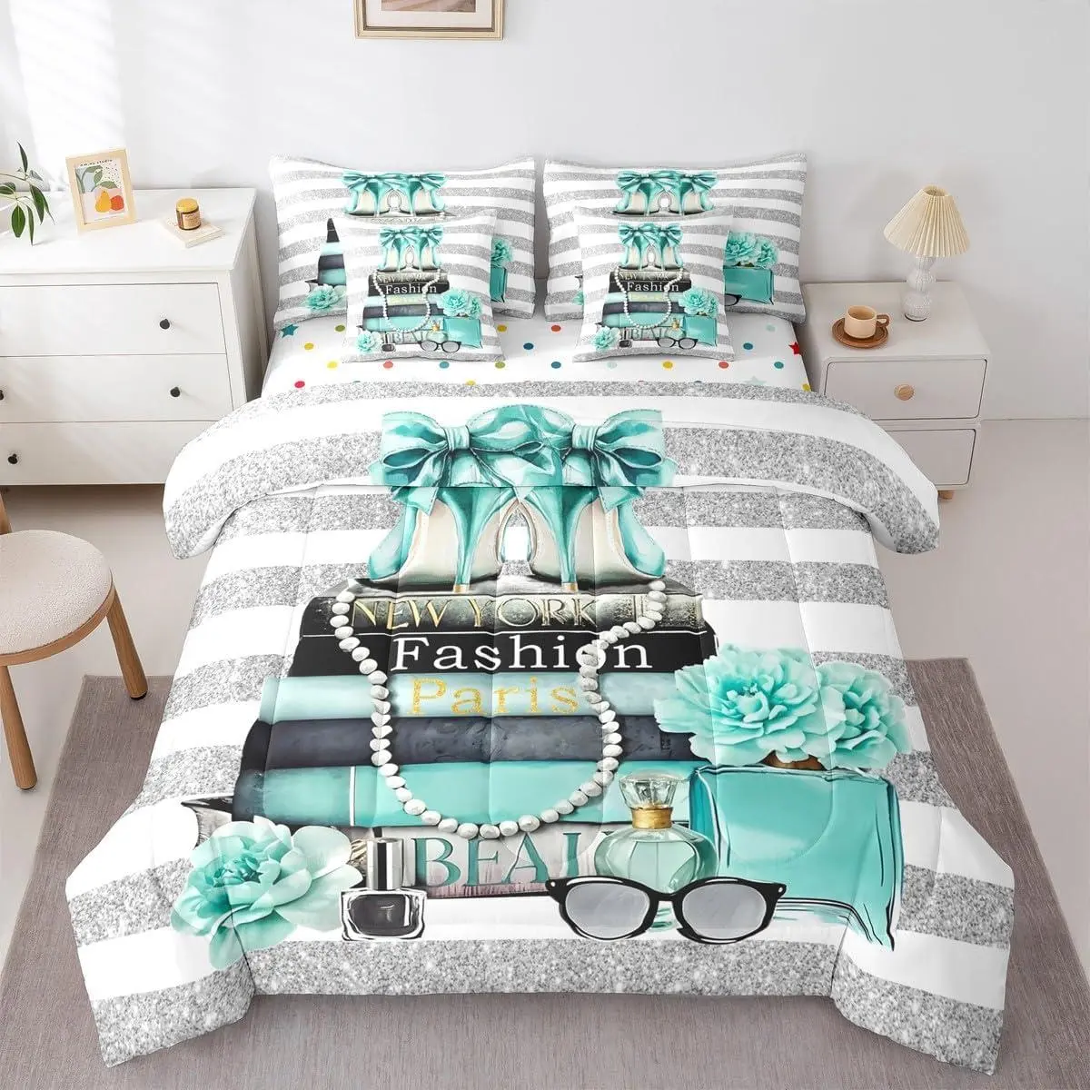 Paris Fashion Women Comforter Set with Sheets Teal Silver Modern for Girls Teens Magazine White Stripe Girly Bed in a Bag Turquoise Rose Flower High Heel Makeup 7 Piece Bedding Set