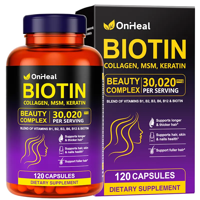 Onheal Edible Healthcare Hair, Nail & Skin Care Complex Dietary Supplement - 30020mg Biotin, Collagen, Hyaluronic Acid, Keratin, Vitamin Capsules (120 Count) for Thick Hair, Moisturizing Skin, Strong Nails, Adults, Prop 65 Safe, Hair & Nail Care