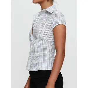 Women's Plaid Print Curved Hem Short Sleeve Blouse, Button Up Shirt, Casual Bishop Sleeve Top for Summer, Ladies Clothes for Daily Wear