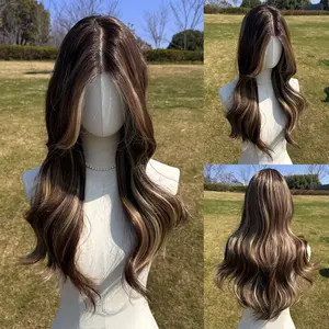 SMILCO 26Inch Brown Low Density Pre Cut 13x6 Free PartLong Wavy Layer Cutted Glueless Natural Hairline 100%Futura Fiber Synthetic Lace Front Wig SM9122B