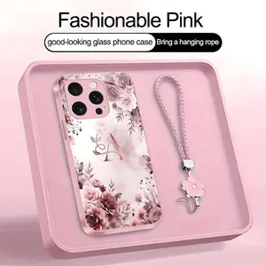 Rose Floral Art 26 letter Phone Case, Suitable for [iPhone 16 Pro Max] high-end women's, Lanyard a beautiful four-leaf clover lanyard is included🍀 952