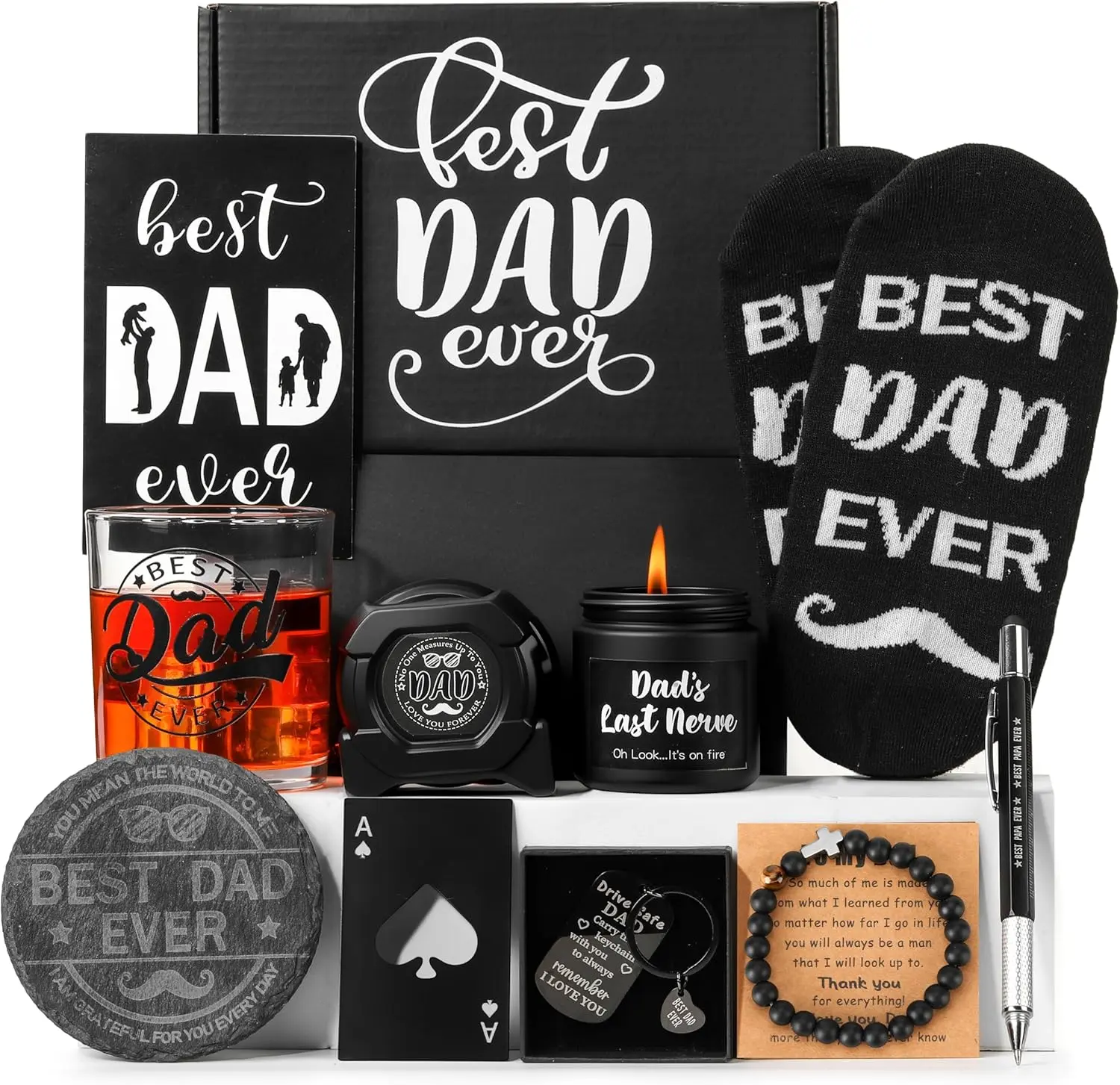 Father’s Day Gift Basket for Dad – Best Dad Ever Gift Set for Men Birthday & Christmas | Unique Gift Ideas from Daughter, Son & Kids with Candle, Socks, Bracelet & Funny Surprise Box