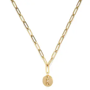 MinaMaMa Stainless Steel Letter A-Z Initial Pendant Necklace For Women Stainless Steel Round Coin Alphabet Necklace Jewelry