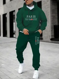Men's Letter Print Hooded Sweatshirt & Sweatpants Set, Regular Fit Casual Long Sleeve Hooded Pullover & Jogger Pants, Men's Fall & Winter Clothes