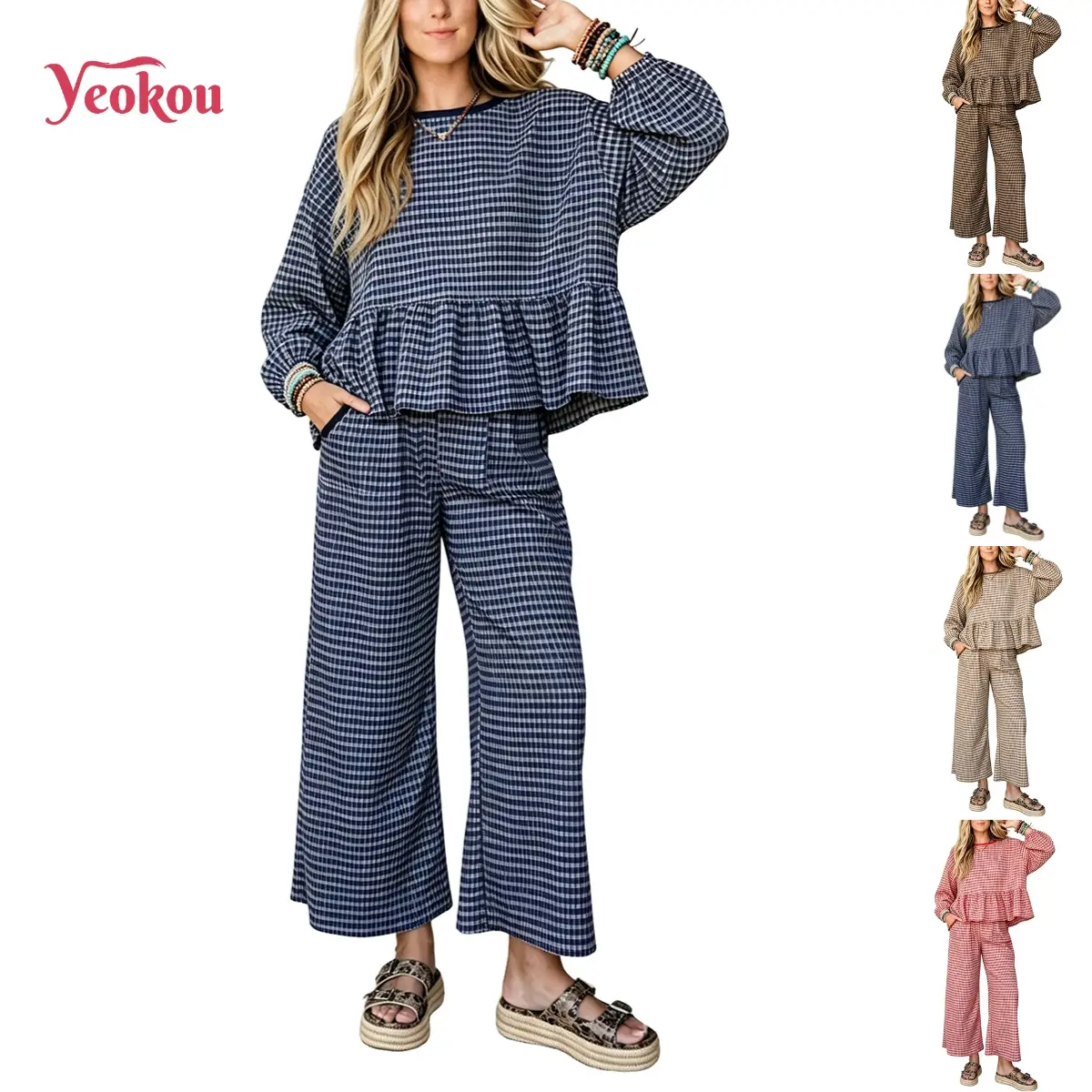Yeokou Women's Gingham 2 Piece Lounge Set  Long Sleeve Bohemian Peplum Top with Ruffle Hem, Wide Leg Pants with Pockets, Fall Casual Outerwear & Loungewear