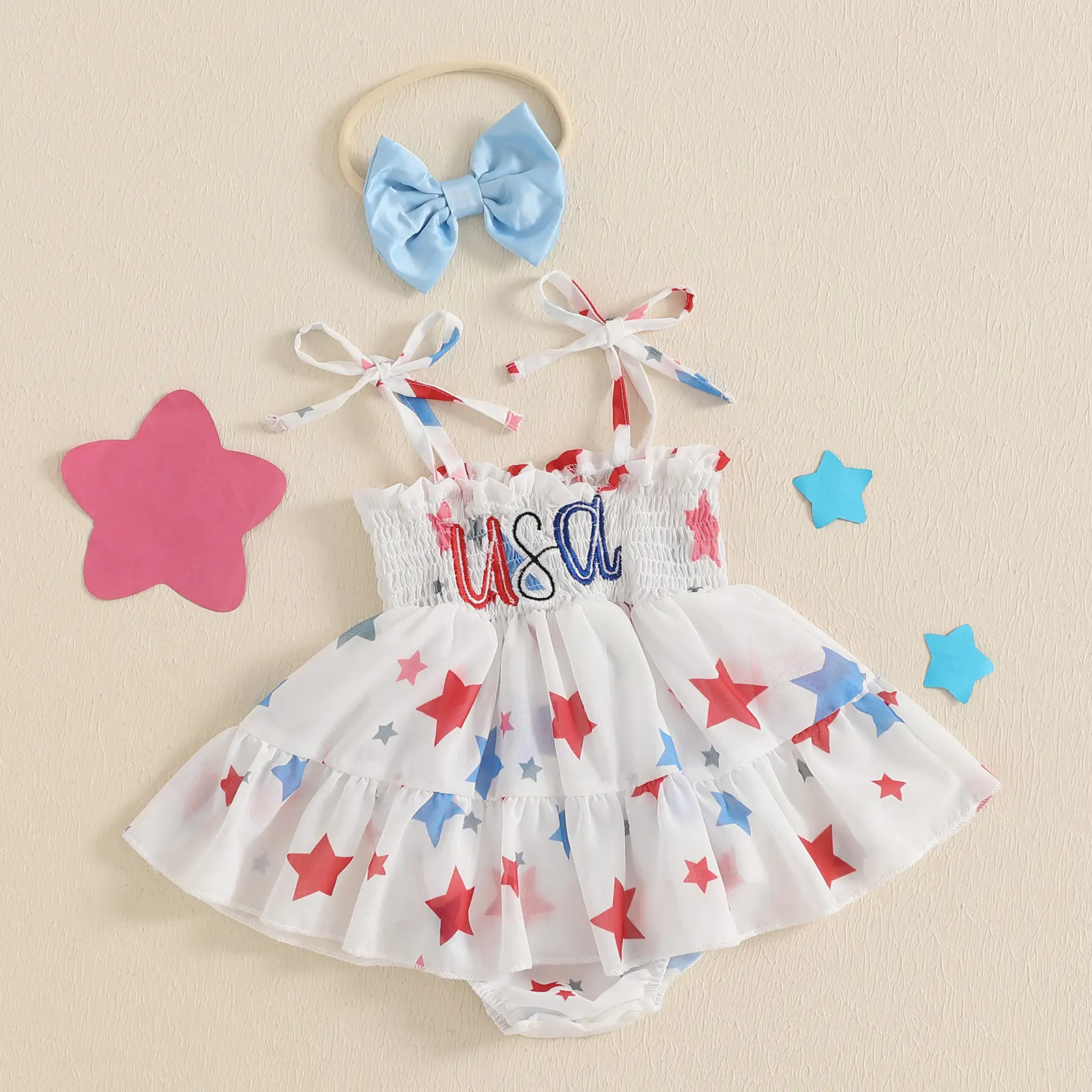 Infant Baby Girls Romper Set Sleeveless Tie-up Stars Print Bodysuit A-line Dress with Headband 4th of July Clothing