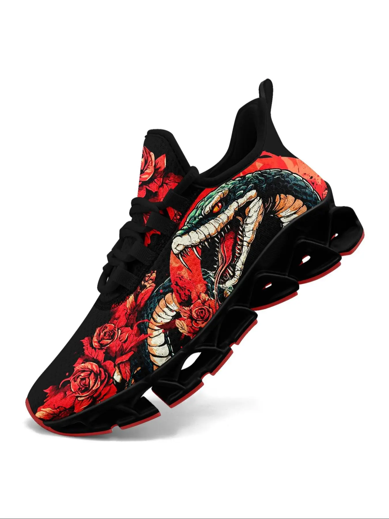 Men's Floral & Snake Print Lace Up Low Top Sneakers, Casual Comfortable Breathable Sports Running Shoes, Gym Training Sport Walking Shoes, Sporty Running Shoes, Workout Sneakers, Runner Athletic Shoe