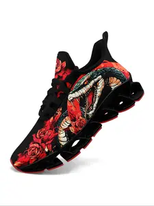 Men's Floral & Snake Print Lace Up Low Top Sneakers, Casual Comfortable Breathable Sports Running Shoes, Gym Training Sport Walking Shoes, Sporty Running Shoes