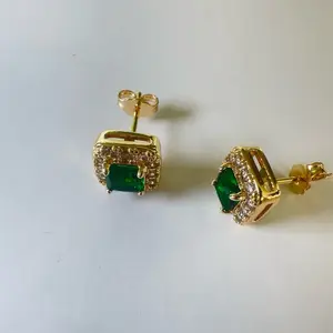 Elegant Geometric Crystal Zirconic Stud Earrings in Silver Emerald & Sapphire for Men Women Rectangle Shaped Versatile Accessory