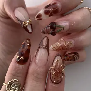 Brown Ombre Press On Nails Almond Shape Gold Line Floral Reusable Nail Set