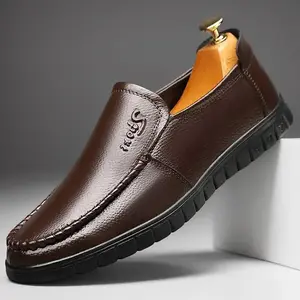 Men Genuine Leather Loafers, Slip-On Business Casual Shoes, Non-Slip Rubber Sole, Comfortable Round Toe Design, Suitable for Office and Casual Wear, Black