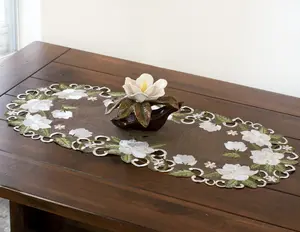 Linens Art And Things - Magnolia on Brown Table Runner (14"x34"/ 51.5")