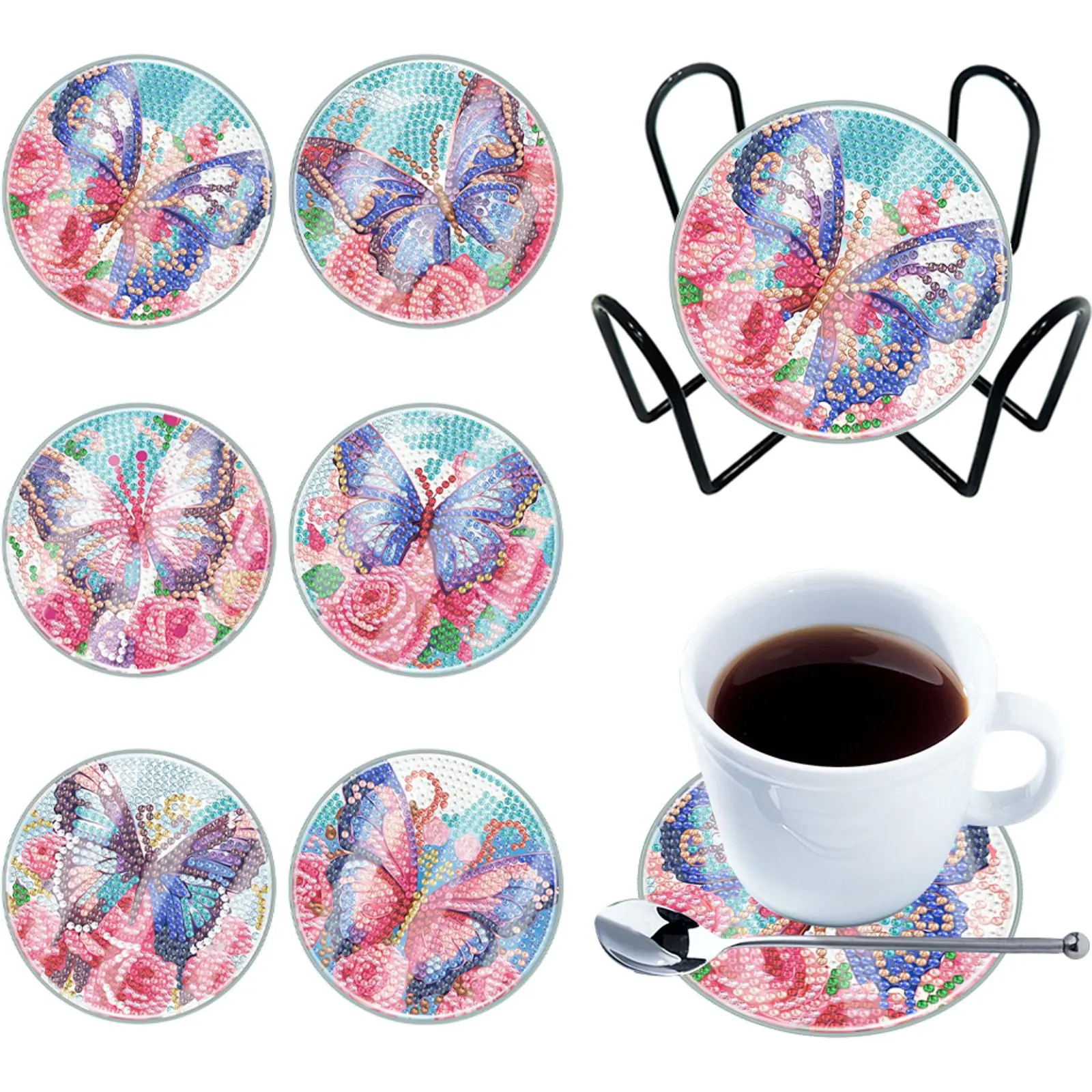 6PCS Diamond Painting Art Coaster Kit Mandala Acrylic Diamond Painting DIY Coaster Small Monster Washable Diamond Painting Crafts Coaster Butterfly with Holder for Coffee Table Bar Mugs Glass Cup Beer